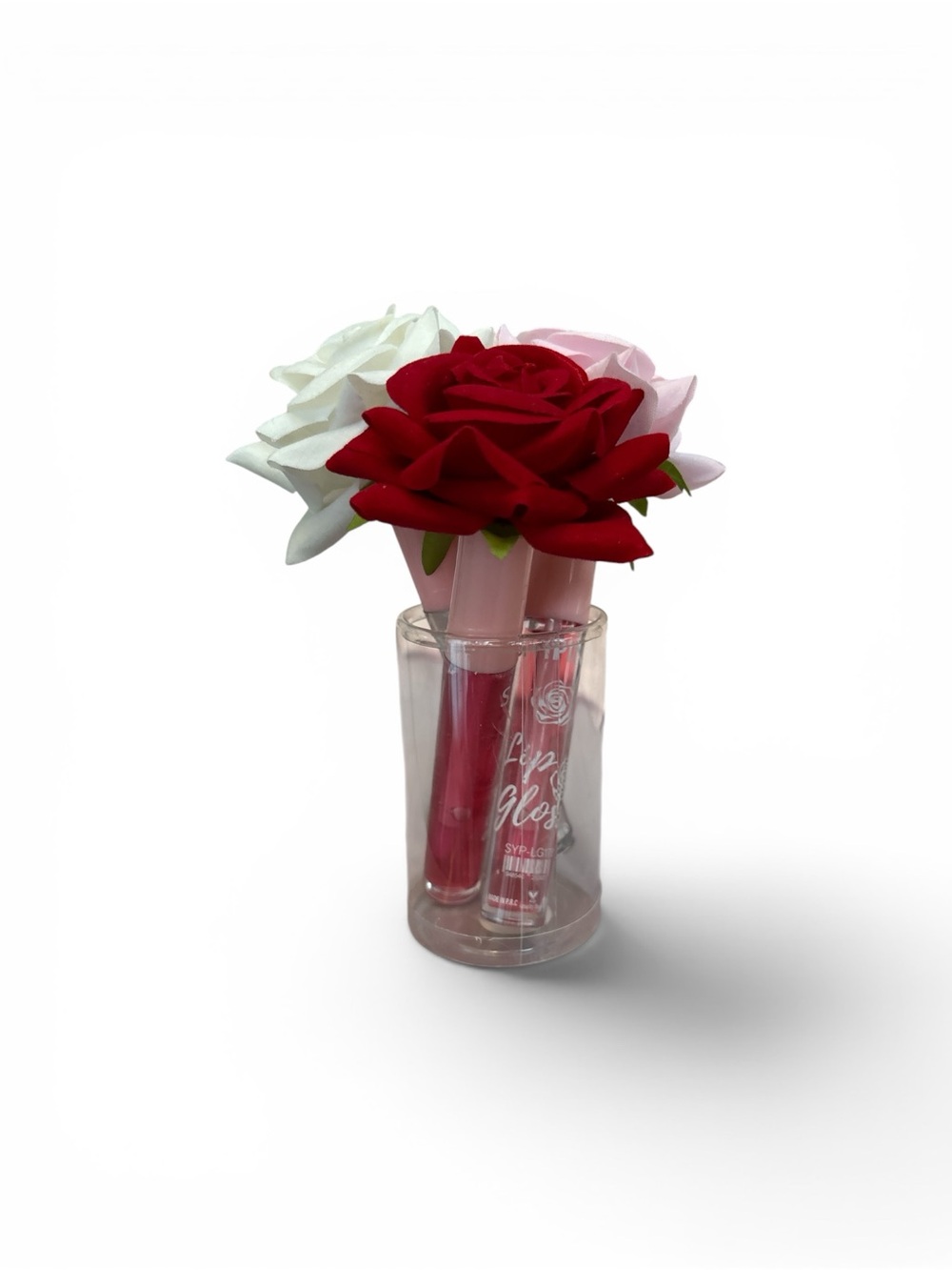 Floral Lip Gloss Trio with Red, Pink & White Rose Picks